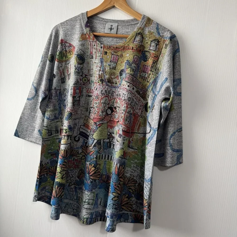 Inoah Women City Walk Crew Neck 3/4 Sleeve Top Size XS Tee Tunic Graffiti